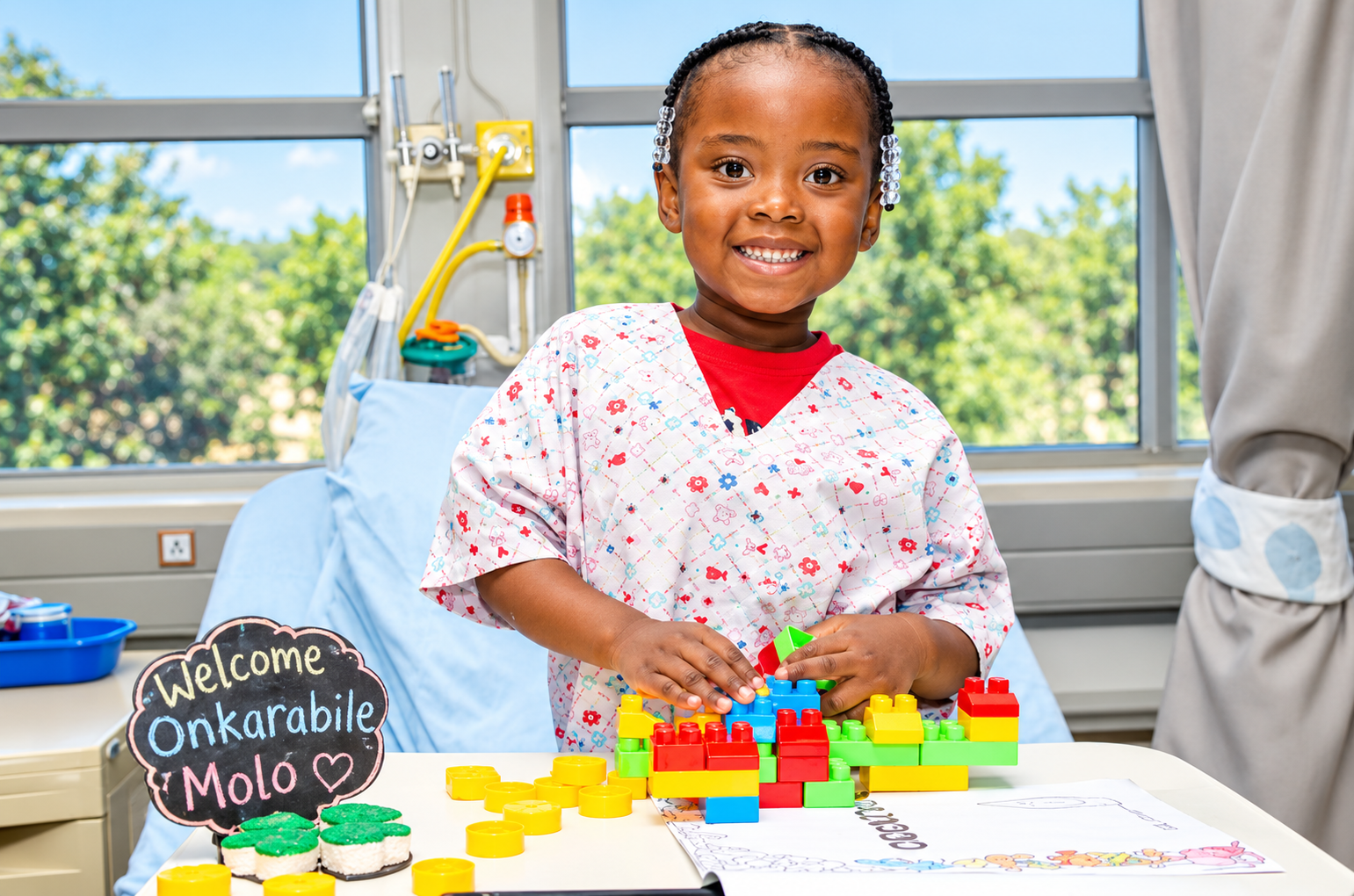 A smiling girl in a hospital gown playing with building blocks beside her hospital bed